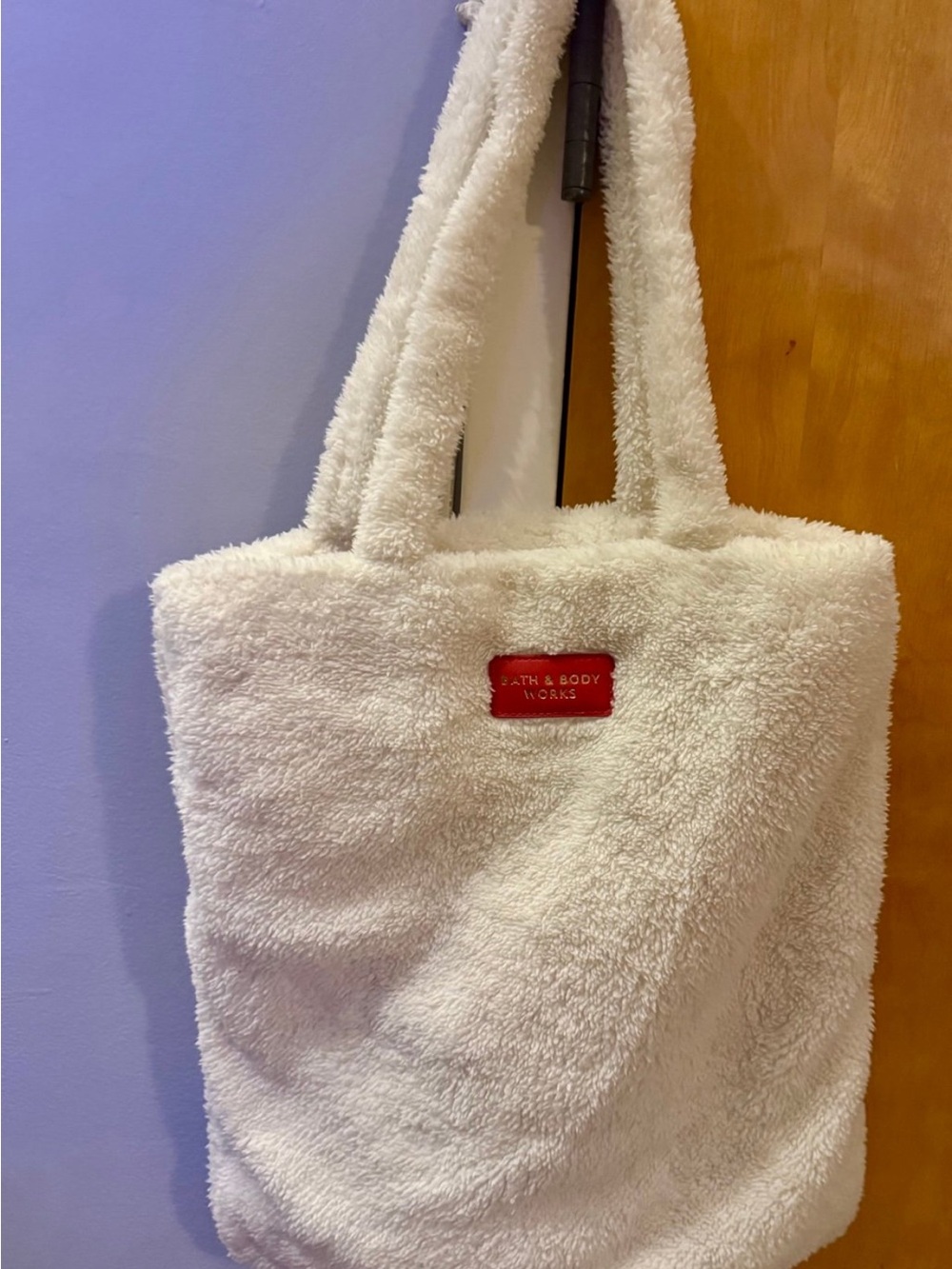 Bath & Body Works Cream Plush Shoulder Tote with Red Logo Patch